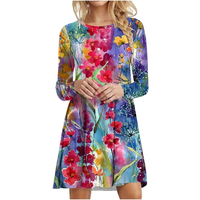 Women's Polyester O-Neck Long Sleeves Mini Casual Floral Dress