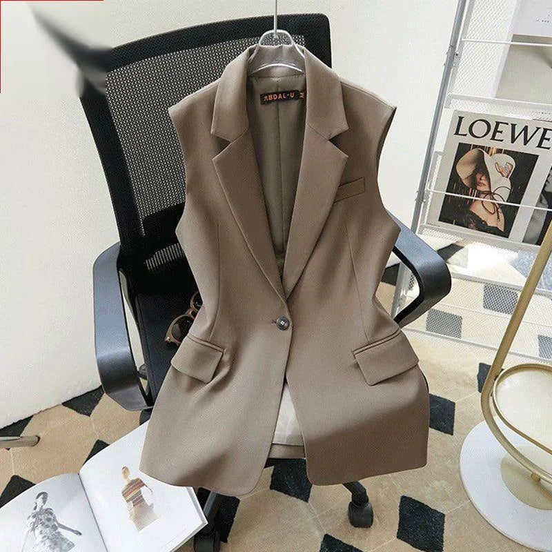 Women's Cotton Notched Sleeveless Single Button Casual Blazer