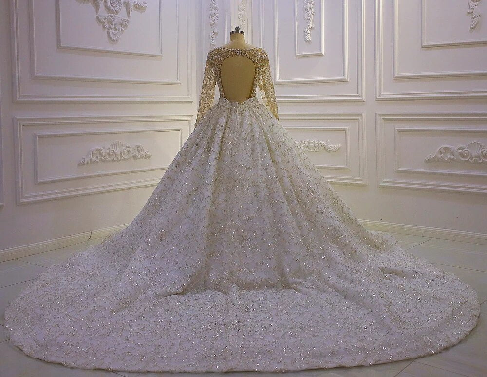 Women's V-Neck Long Sleeves Court Train Bridal Wedding Dress