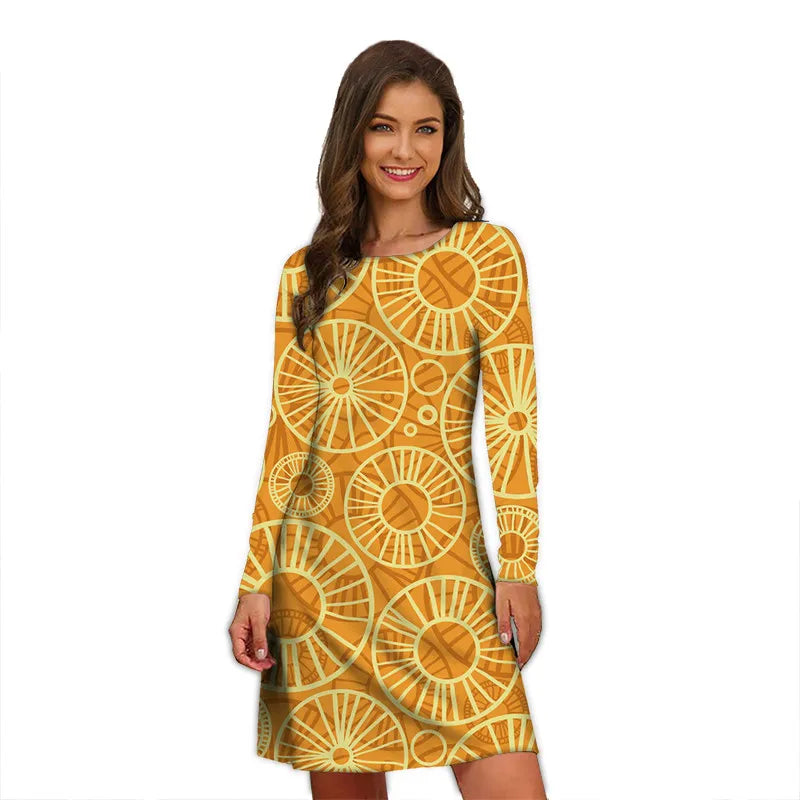 Women's Polyester O-Neck Long Sleeves Mini Casual Vintage Dress