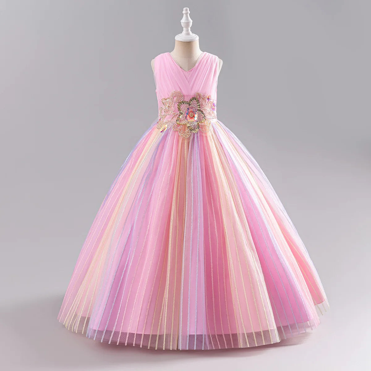 Baby Girl's Polyester V-Neck Sleeveless Pleated Princess Dress