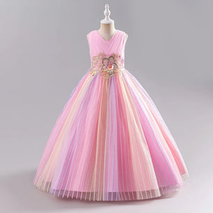 Baby Girl's Polyester V-Neck Sleeveless Pleated Princess Dress