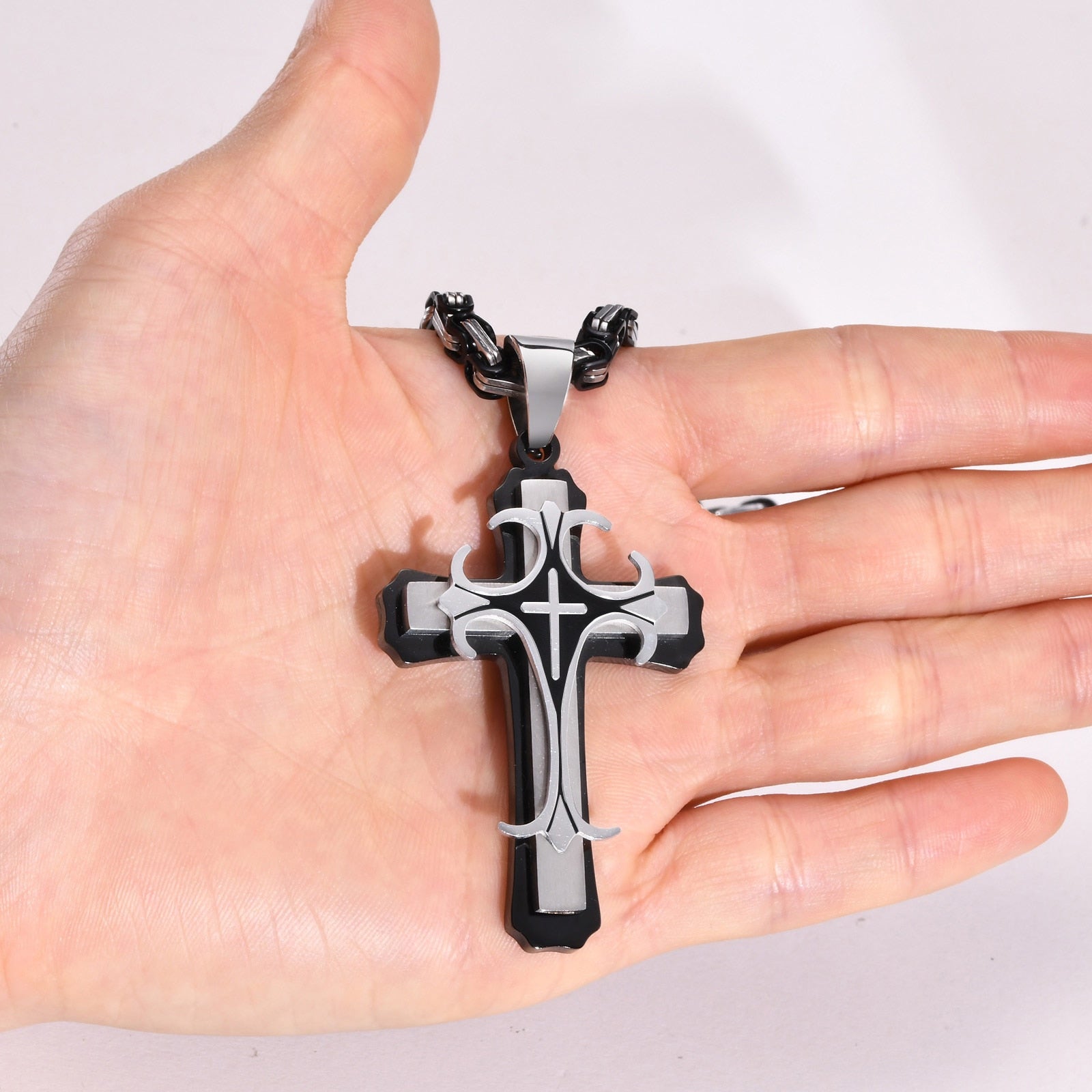 Men's Metal Stainless Steel Link Chain Religious Cross Necklace