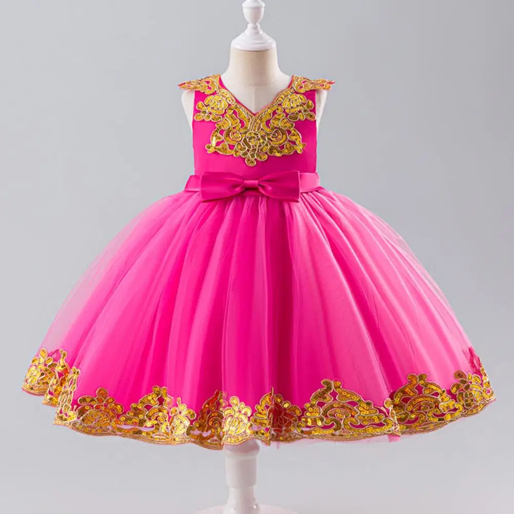 Baby Girl's Polyester V-Neck Sleeveless Embroidered Princess Dress