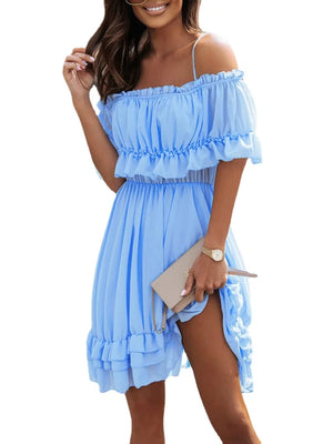 Women's Polyester Square-Neck Short Sleeves Pleated Pattern Dress