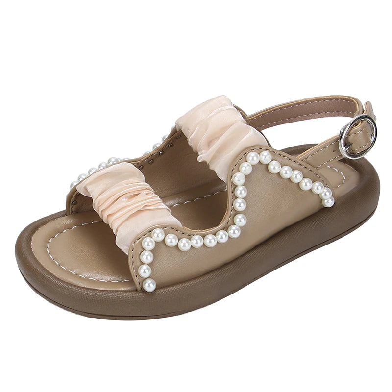 Kid's PU Open Toe Beaded Pattern Hook Loop Closure Sandals