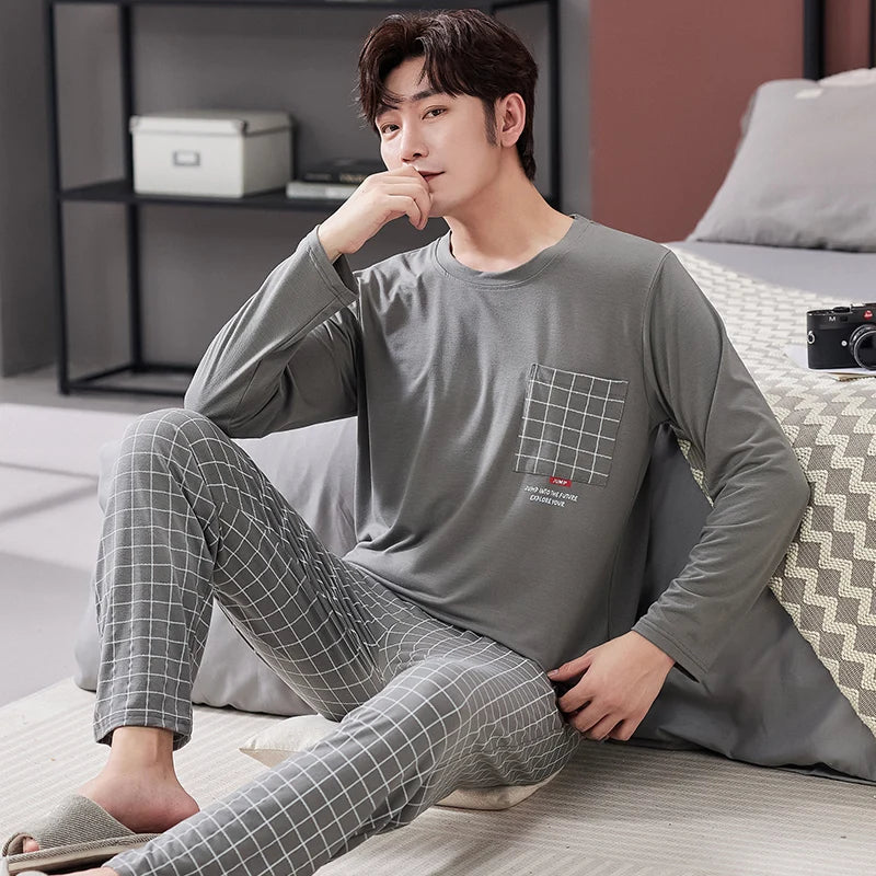 Men's Cotton O-Neck Long Sleeves Trendy Sleepwear Pajamas Set