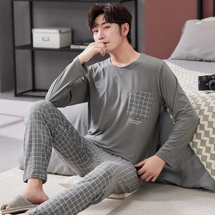 Men's Cotton O-Neck Long Sleeves Trendy Sleepwear Pajamas Set