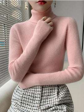 Women's Acrylic Turtleneck Long Sleeves Solid Pattern Sweater