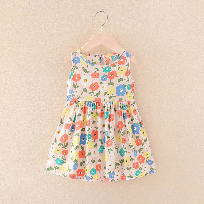 Baby Girl's 100% Cotton O-Neck Sleeveless Printed Pattern Dress