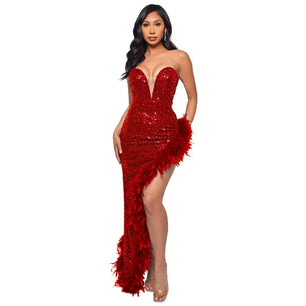 Women's Polyester Open-Heart Neck Sequined Party Wear Dress