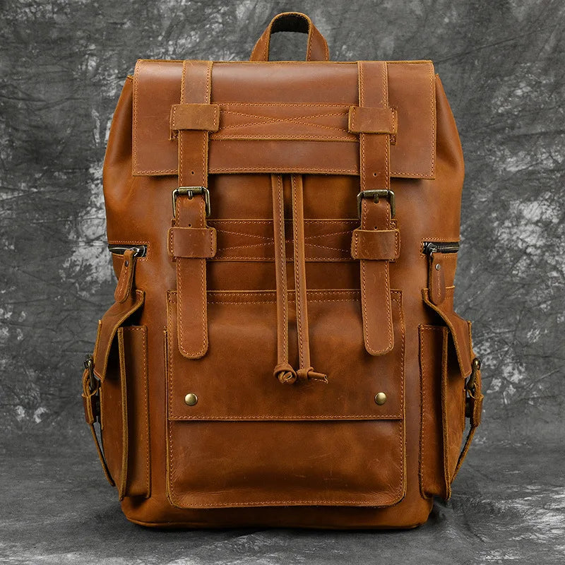 Men's Genuine Leather Zipper Closure Slot Pattern Casual Backpack