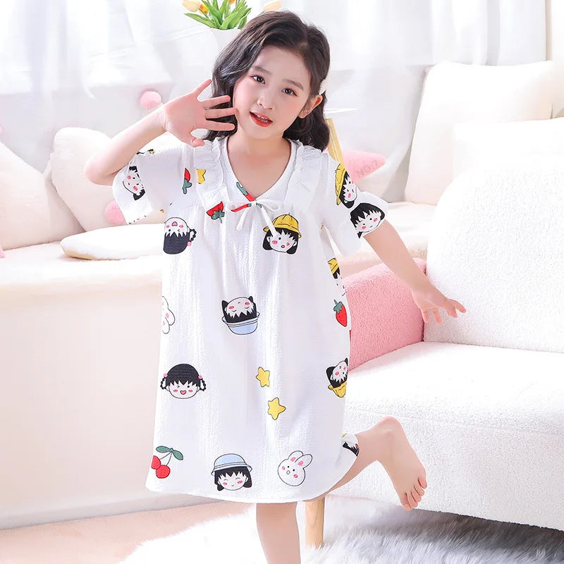 Kid's Girl Polyester V-Neck Short Sleeves Trendy Nightgowns Dress