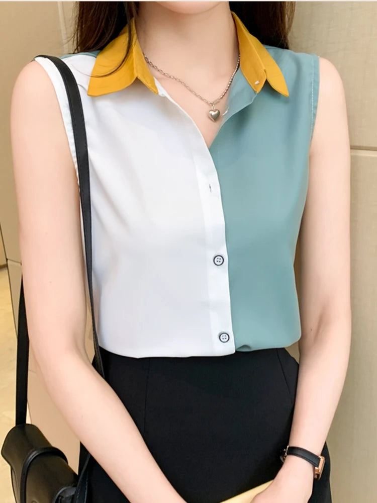 Women's Polyester Turn-Down Collar Sleeveless Casual Wear Blouse