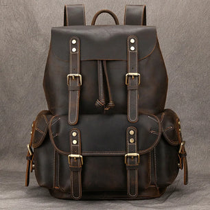 Men's Genuine Leather String Closure Solid Pattern Backpack