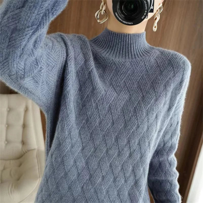 Women's Acrylic Mock-Neck Full Sleeves Knitted Pattern Sweater