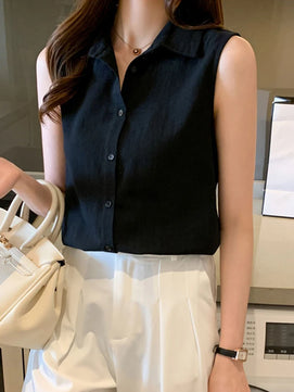 Women's Polyester Turn-Down Collar Sleeveless Casual Wear Blouse