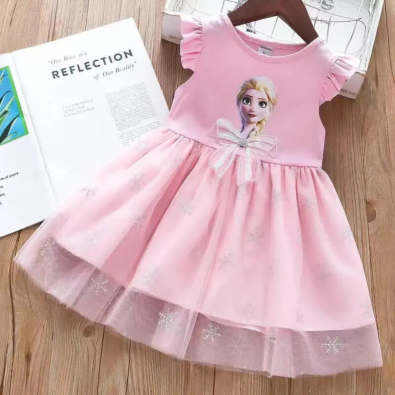 Kid's O-Neck Polyester Short Sleeve Frozen Pattern Princess Dress