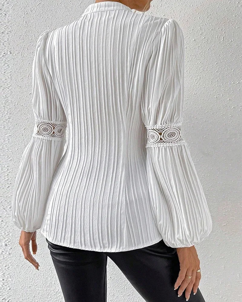 Women's V-Neck Polyester Full Sleeves Patchwork Casual Blouse