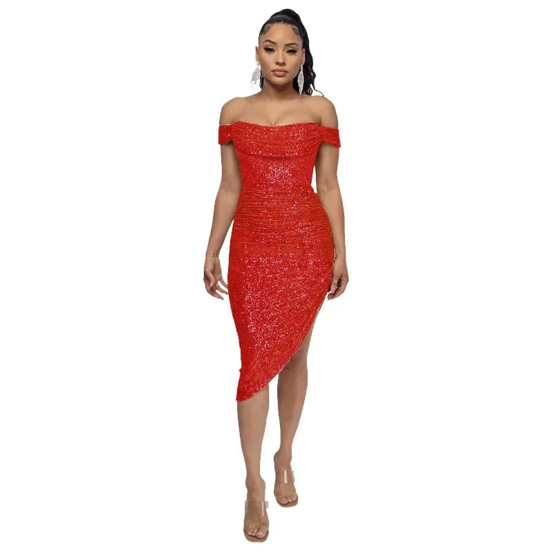 Women's Polyester Square-Neck Sequined Pattern Party Wear Dress