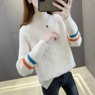 Women's Polyester Mock-Neck Full Sleeves Knitted Pattern Sweater