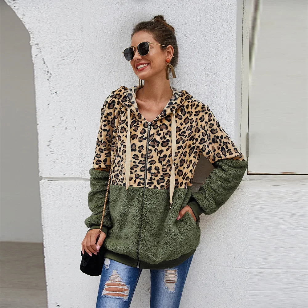 Women's Polyester Full Sleeve Leopard Pattern Zipper Hoodies