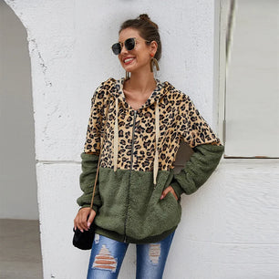 Women's Polyester Full Sleeve Leopard Pattern Zipper Hoodies