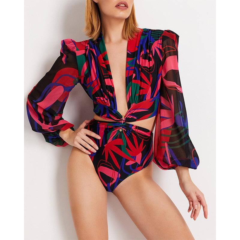 Women's Spandex Full Sleeve Printed Pattern One-Piece Swimwear