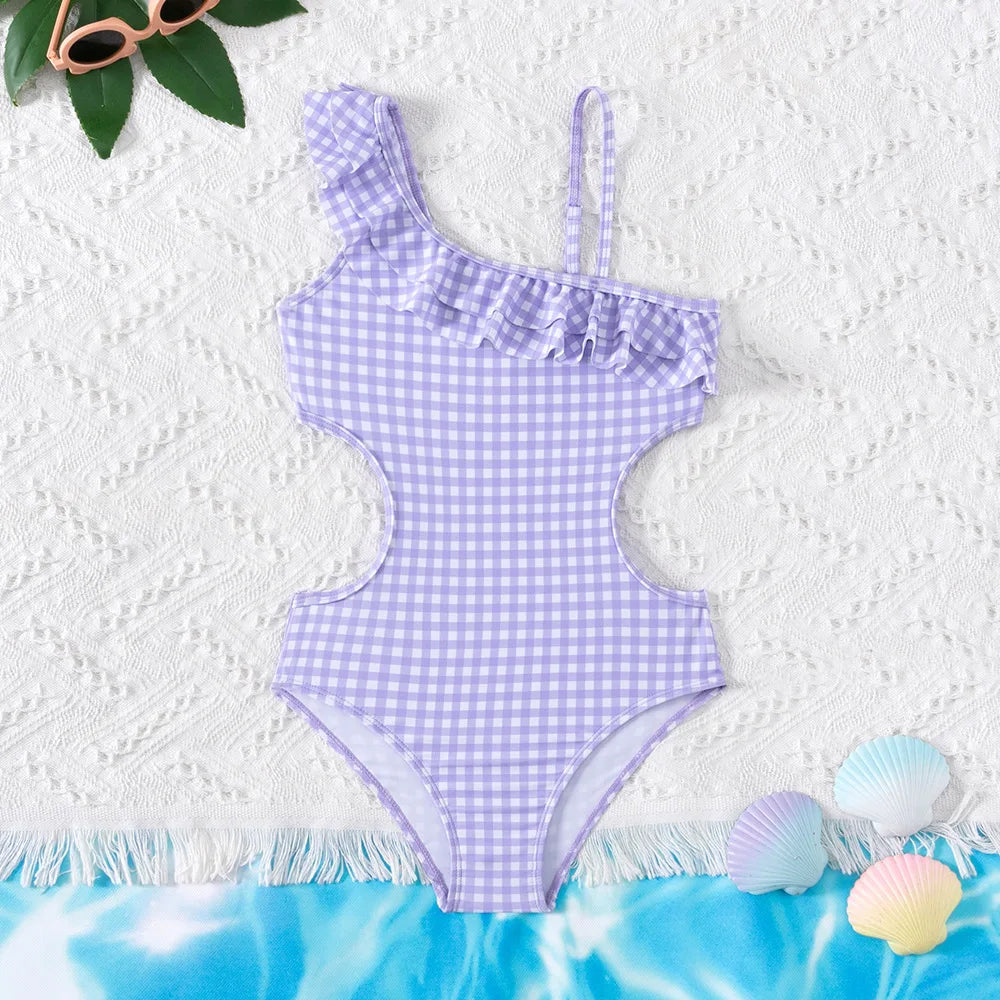 Kid's Polyester One-Shoulder Plaid Pattern Swimwear One-Piece