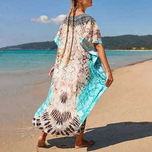 Women's Polyester Short Sleeves Printed Pattern Swimwear Cover Up