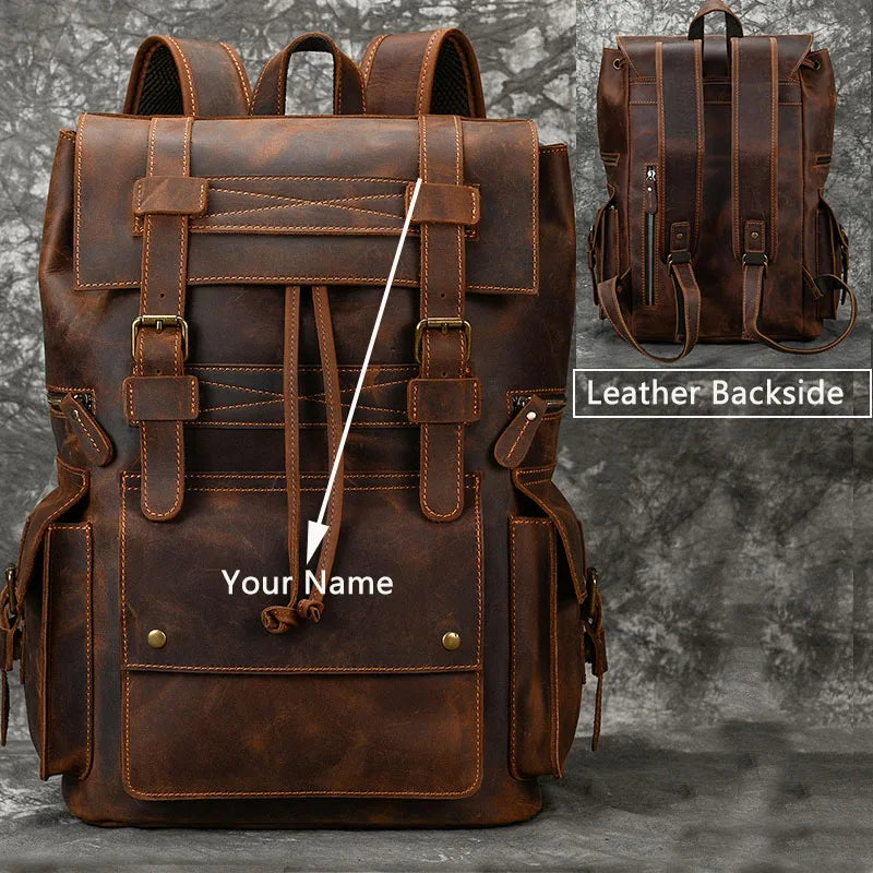 Men's Genuine Leather Zipper Closure Slot Pattern Casual Backpack