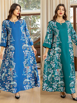 Women's Arabian Polyester Full Sleeves Floral Pattern Dress