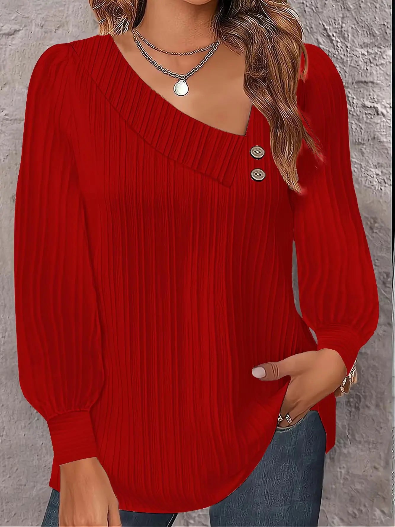 Women's Polyester V-Neck Long Sleeves Solid Pattern Mini Blouse