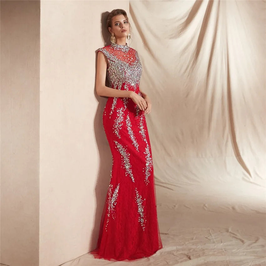 Women's O-Neck Polyester Sleeveless Luxury Beaded Prom Dress