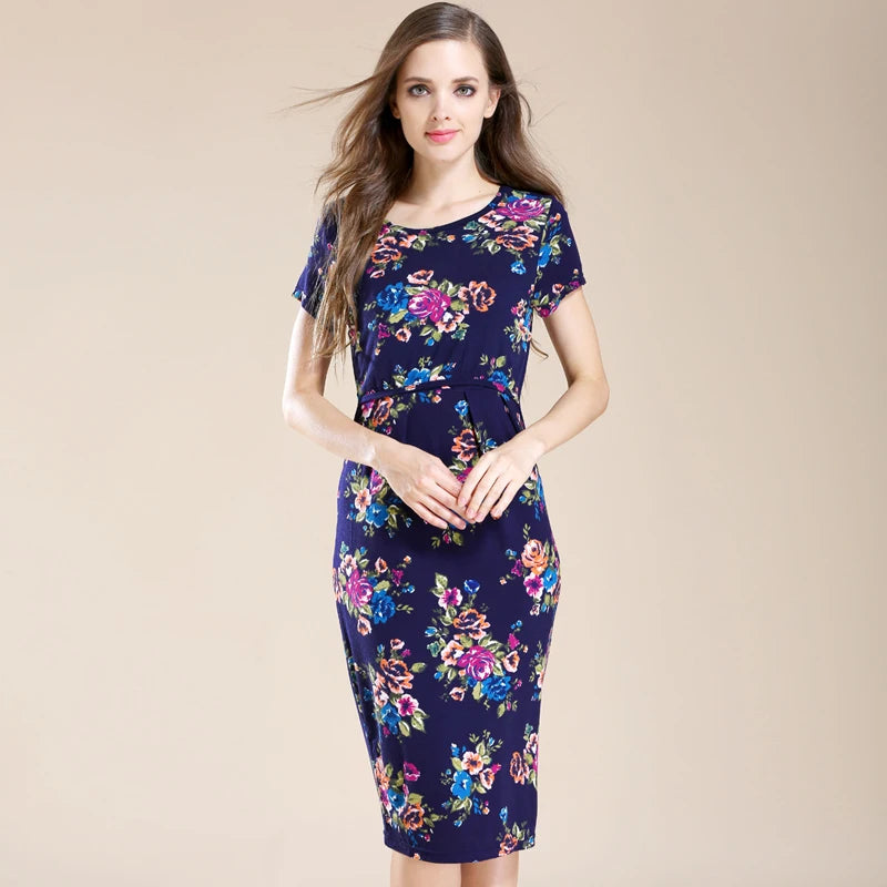 Women's Rayon O-Neck Short Sleeve Floral Pattern Maternity Dress