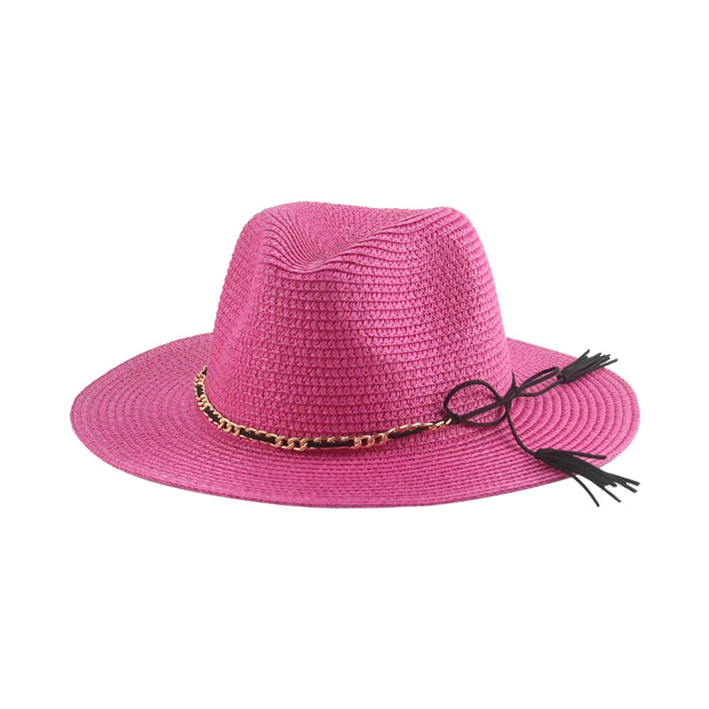 Women's Straw Solid Pattern Trendy Sun Protection Chain Brim Hat