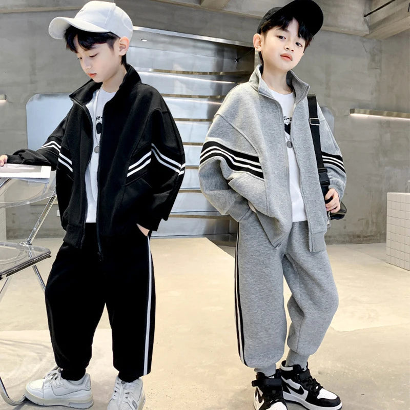 Kid's Boy Polyester Full Sleeves Zipper Striped Trendy Suit