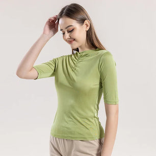 Women's Silk O-Neck Short Sleeve Solid Pattern Elegant Tops