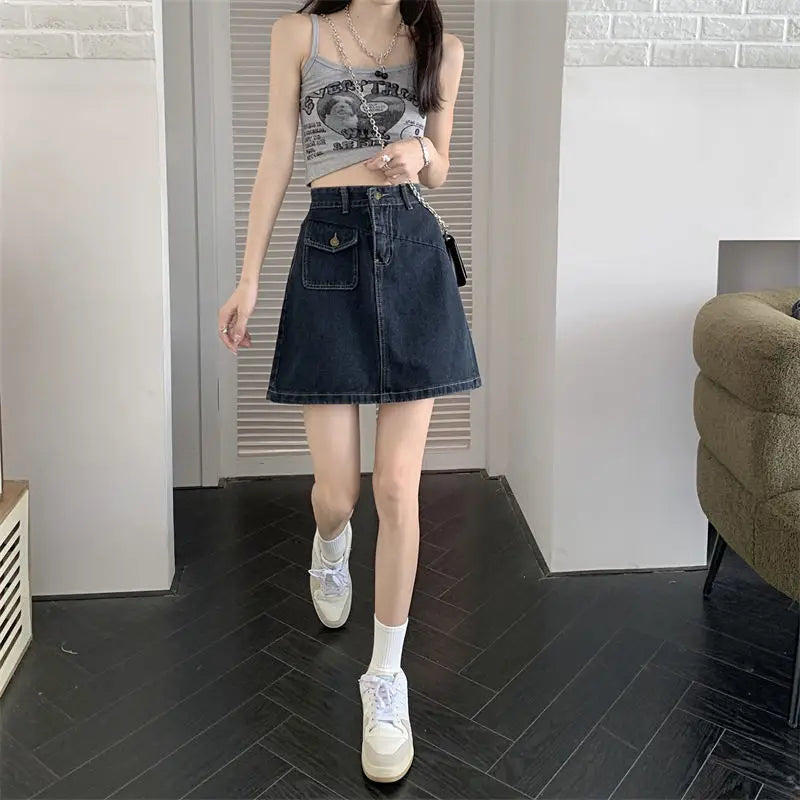 Women's Polyester High Waist Solid Pattern Casual Denim Skirts