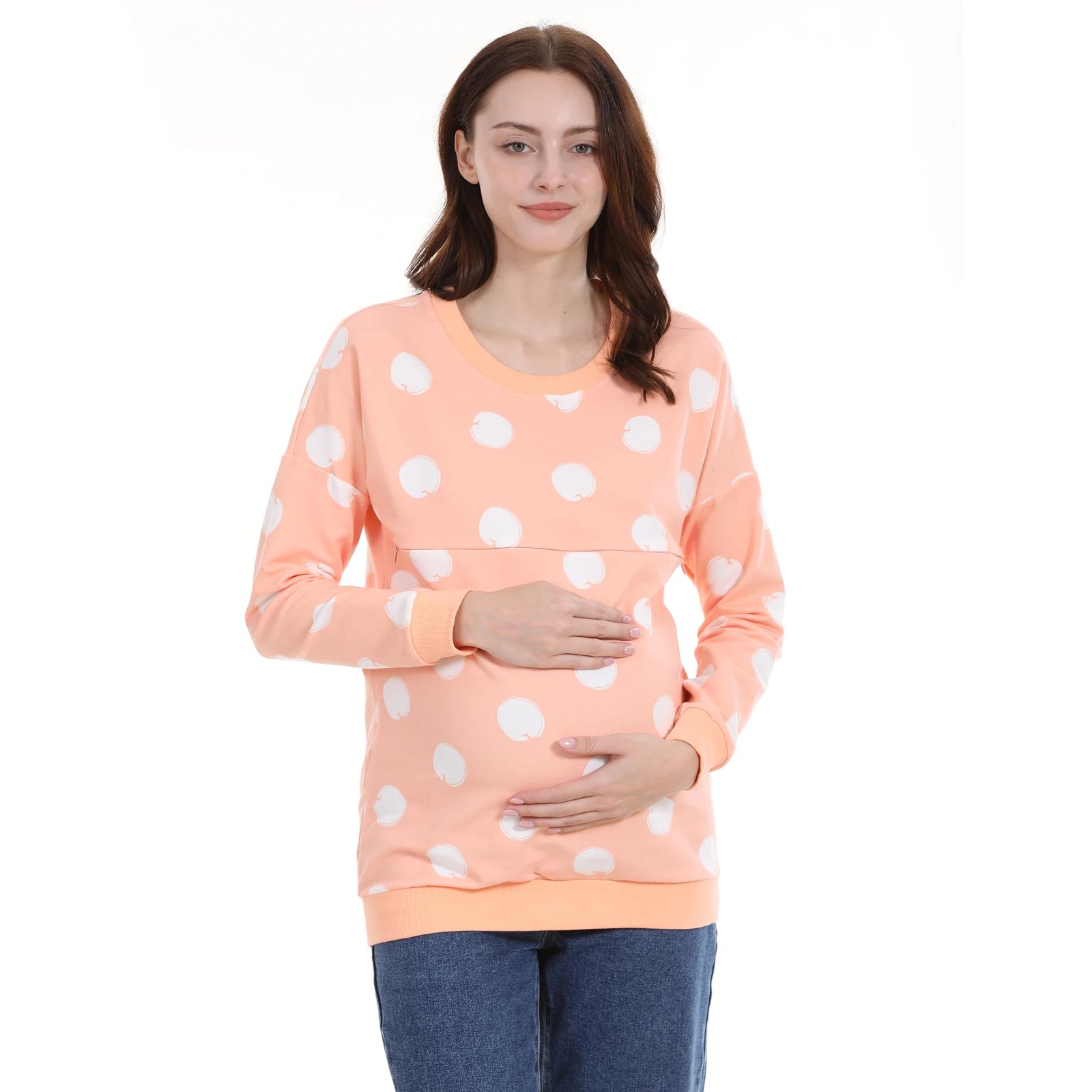 Women's Cotton O-Neck Long Sleeve Dotted Pattern Maternity Dress