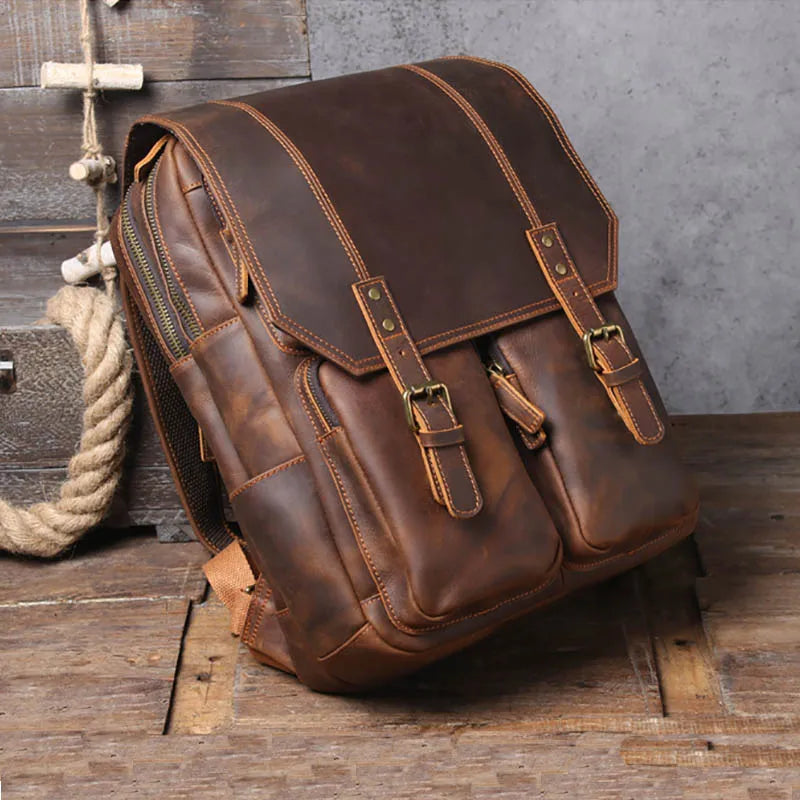 Men's Genuine Leather Zipper Closure Solid Pattern Backpack