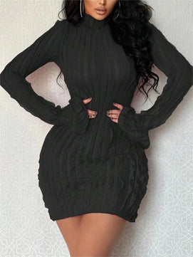 Women's Polyester High-Neck Long Sleeve Mini Pleated Vintage Dress