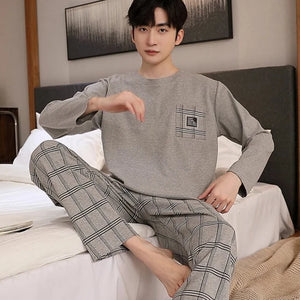 Men's Cotton Full Sleeve O-Neck Plaid Pattern Pullover Sleepwear