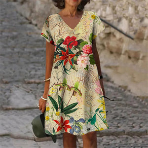 Women's Polyester V-Neck Short Sleeves Mini Casual Floral Dress