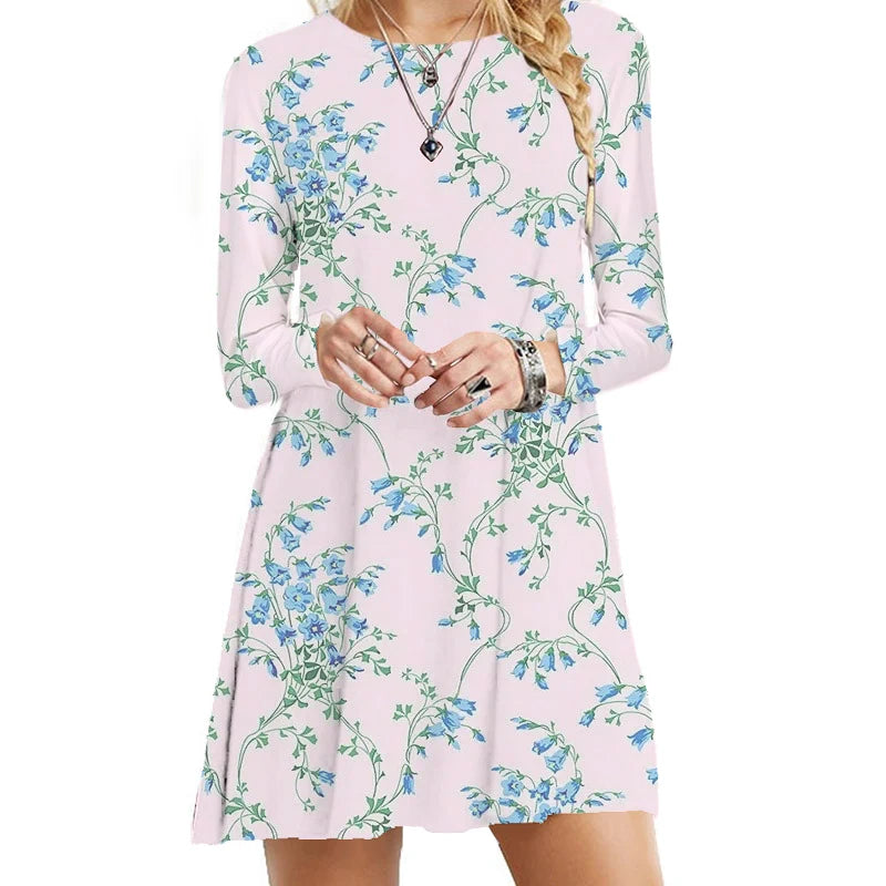 Women's Polyester O-Neck Long Sleeves Mini Casual Vintage Dress