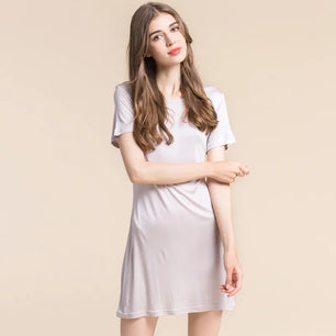 Women's Silk O-Neck Short Sleeves Nightgown Sexy Sleepwear Dress