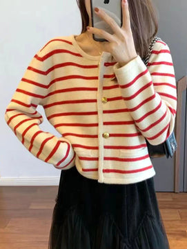 Women's Polyester O-Neck Long Sleeves Striped Pattern Sweater