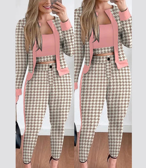 Women's Polyester O-Neck Long Sleeve Plaid Pattern Three-Piece Set