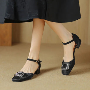 Women's Cotton Fabric Square Toe Buckle Strap Closure Shoes