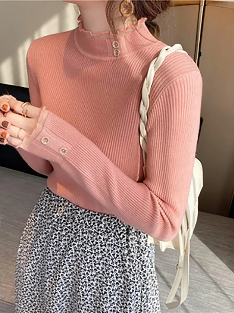 Women's Acrylic Mock Neck Full Sleeves Solid Pattern Sweater